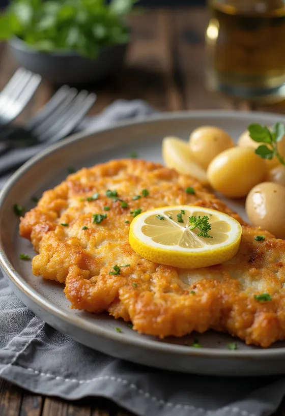 Schweineschnitzel mit Kartoffeln, knuspriges Fleisch und buttrige Kartoffeln