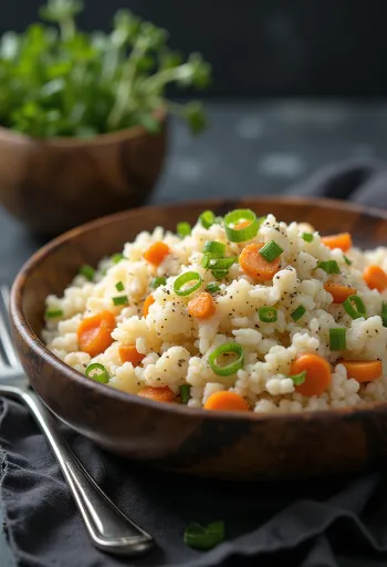 Servierter veganer Blumenkohlreis mit Karotten