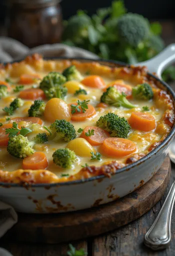 Geschichtetes Gemüsegratin, mit Käse und Gewürzen überbacken.
