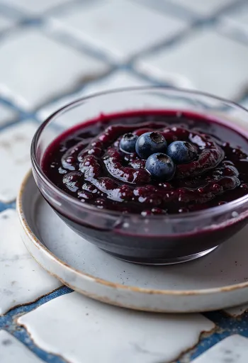 Blaubeer-Chili-Balsamico-Sauce in einer Schale, garniert mit frischen Blaubeeren und Chilischeiben.