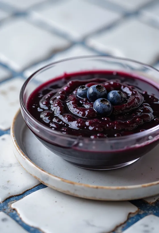Blaubeer-Chili-Balsamico-Sauce in einer Schale, garniert mit frischen Blaubeeren und Chilischeiben.
