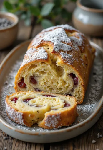 Aufgeschnittener Chia-Samen-Stollen mit Puderzucker bestäubt