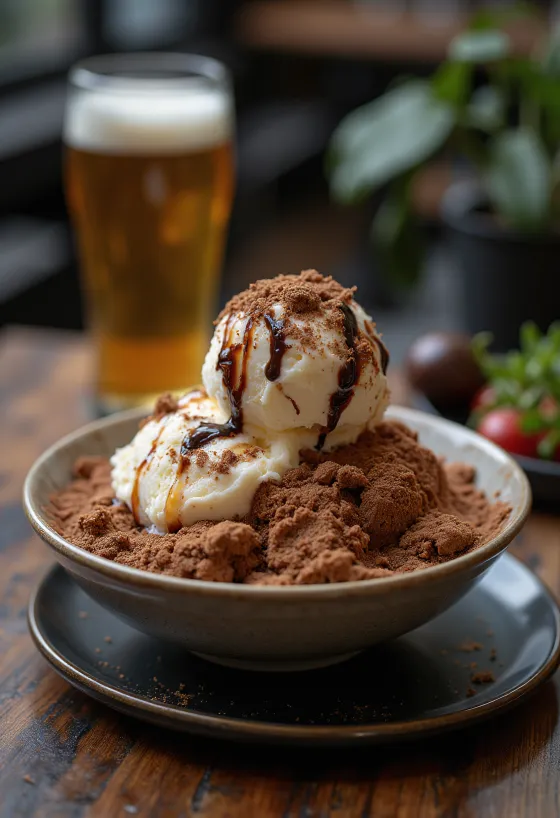Choco-Bingsu, koreanisches Schokoladen-Eisdessert, serviert mit Schokoeis und Schokosauce