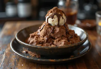 Choco-Bingsu, koreanisches Schokoladen-Eisdessert, serviert mit Schokoeis und Schokosauce