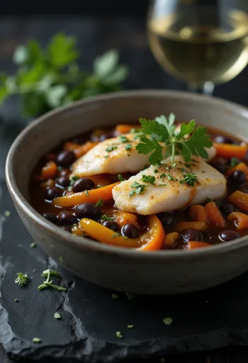 Feijoada mit geräuchertem Fisch, serviert mit frischem Koriander