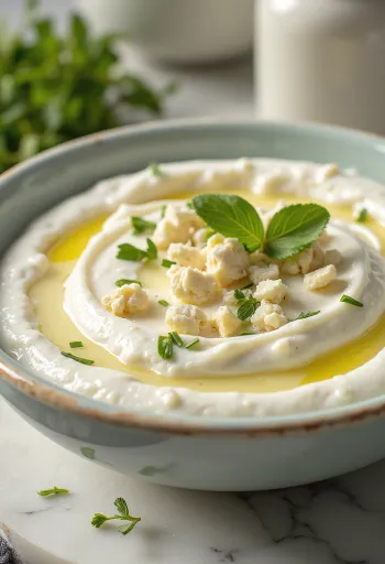 Dill-Feta-Joghurt-Dip serviert mit frischem Pitabrot