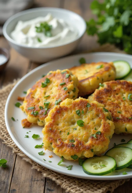 Kolokithokeftedes mit Tzatziki serviert, Gemüsepuffer mit frischen Kräutern