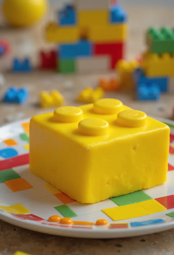 LEGO-Torte mit bunter Fondant-Eindeckung und Baustein-Deko