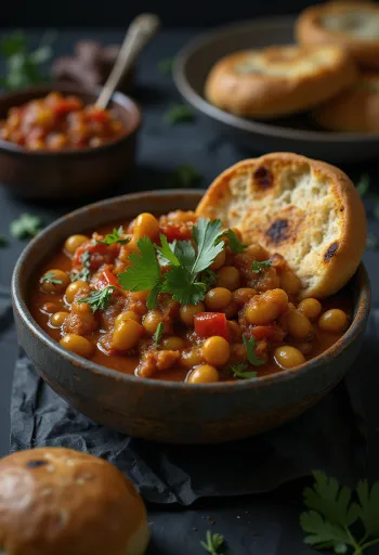 Varhadi Misal Pav, reichhaltige Mungbohnen-Kartoffel-Sauce in einer Schüssel, serviert mit knusprigen Brötchen