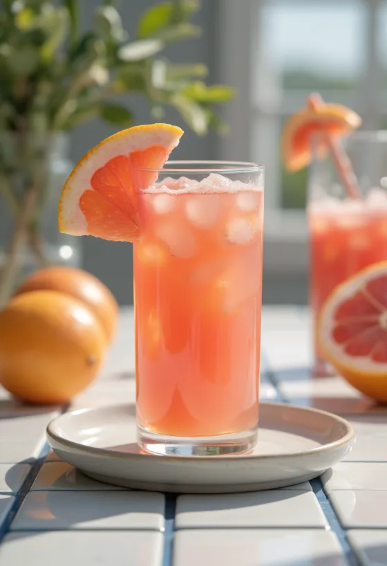 Orangen-Grapefruit-Saft im hohen Glas, dekoriert mit Orangen- und Grapefruitscheiben