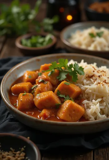 Pork Vindaloo serviert mit Reis und frischem Koriander