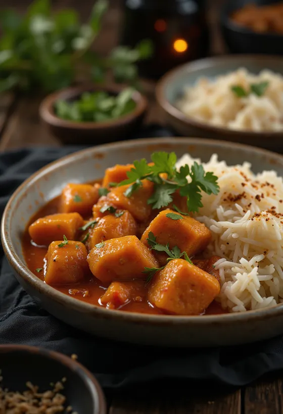 Pork Vindaloo serviert mit Reis und frischem Koriander