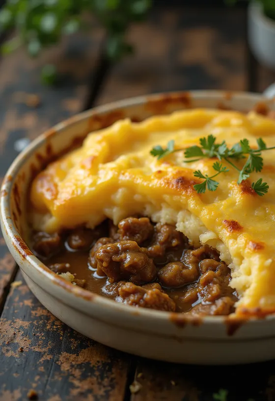 Shepherd’s Pie serviert mit knuspriger Kartoffelbrei-Haube