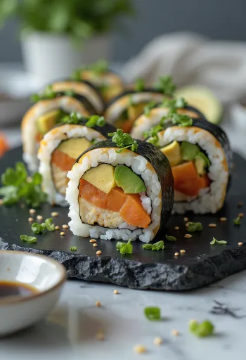 Veganes Sushi mit Tofu, Gemüse und Sojasauce