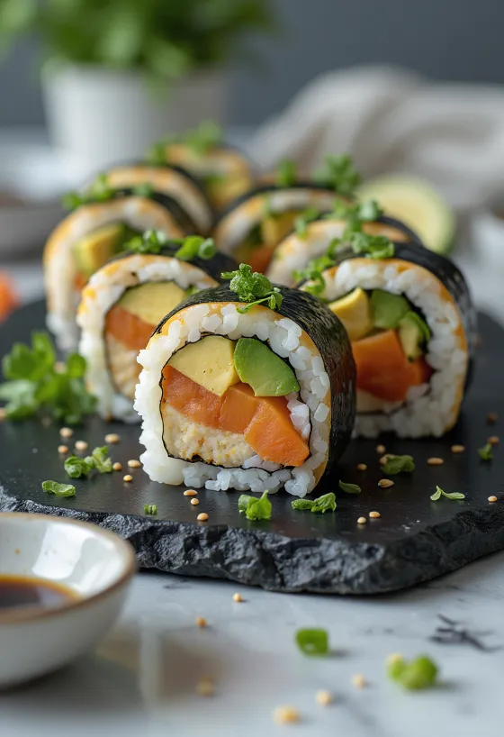 Veganes Sushi mit Tofu, Gemüse und Sojasauce