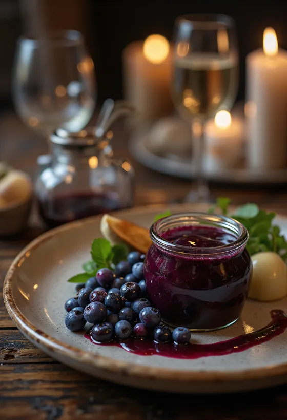 Blaubeer-Rosmarin-Balsamico-Sauce im Glas und serviert