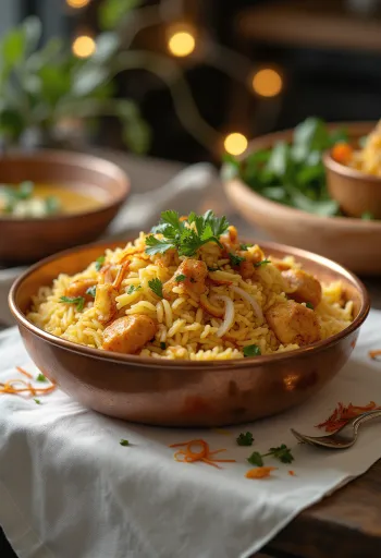 Hähnchen-Biryani garniert mit frischem Koriander und Minze