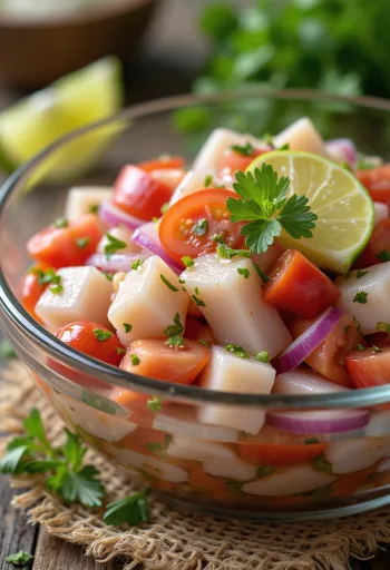 Klassisches Ceviche mit Limette, Fisch, Avocado und Tomaten