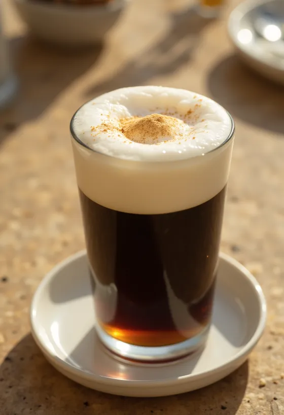 Schaumiger Irish Coffee im Glas, mit Sahne und Schokoraspeln dekoriert
