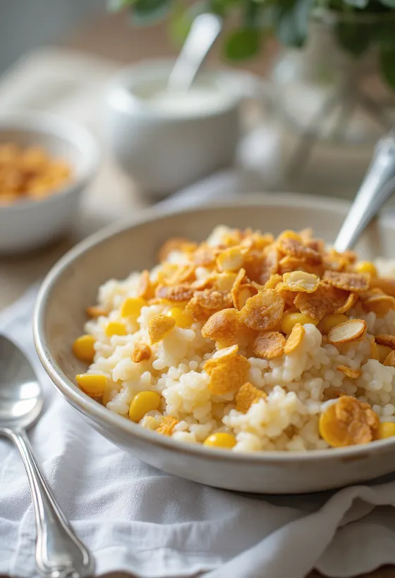 Milchreis mit Cornflakes serviert