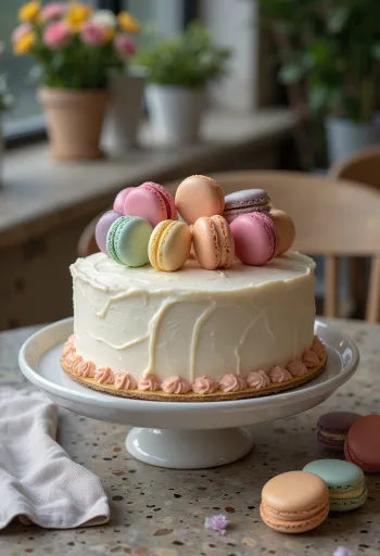 Mit Macarons dekorierte Torte mit bunten Macarons