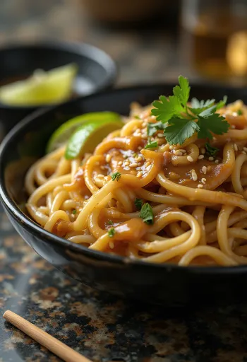 Reisnudeln mit Erdnusssauce, Koriander und Sesam