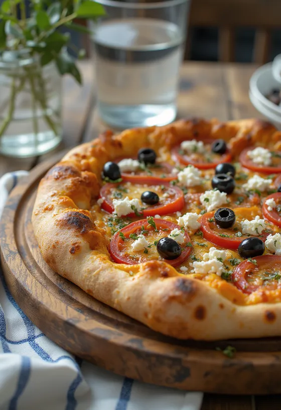 Pizza Greca mit Feta, schwarzen Oliven und frischen Tomaten