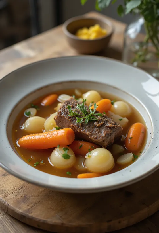 Pot-au-feu, traditioneller französischer Rindereintopf mit Gemüse