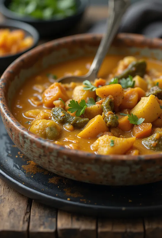 Veganes Curry mit saftigem Gemüse und frischem Koriander garniert