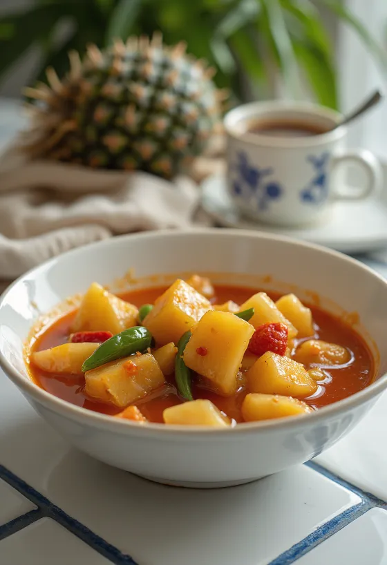Süß-Sauer-Sauce für Hähnchen in einer Schale, mit Ananas- und Paprikastücken.