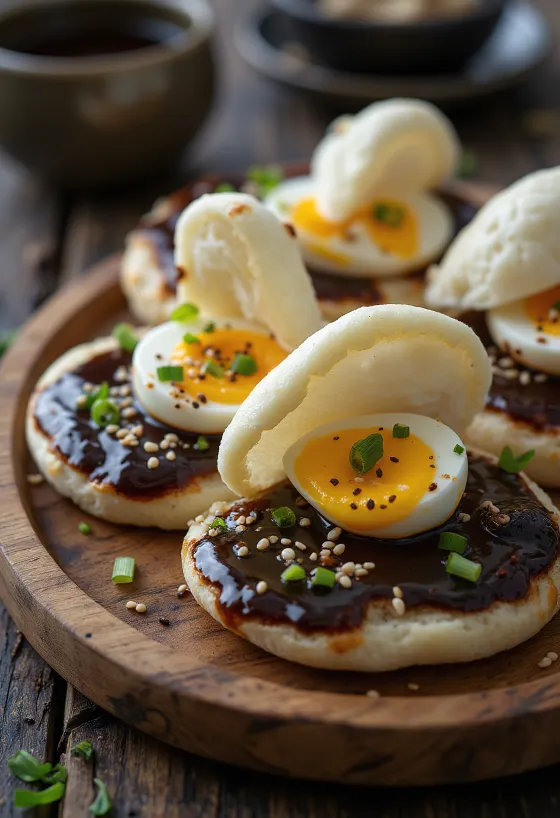 Eggplant Miso Bao mit Miso-glasierter gebratener Aubergine