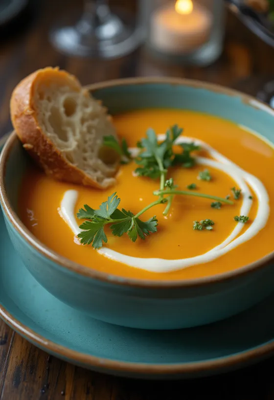 Cremige Möhrencremesuppe mit Koriander serviert