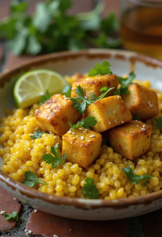 Gebratener Limetten-Tofu auf Curry-Quinoa