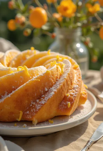 Goldbraun gebackener Orangen-Gugelhupf, mit Puderzucker bestreut