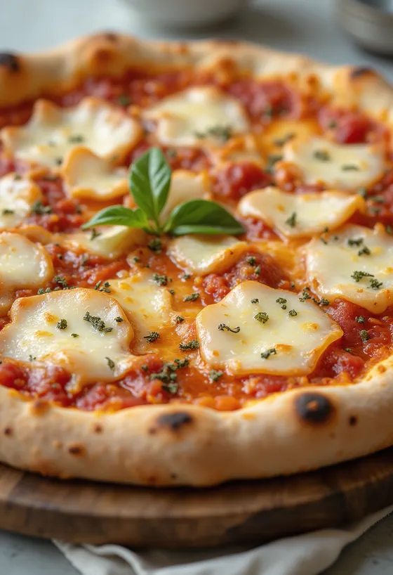 Pizza al Grana Padano mit Käse und Basilikum