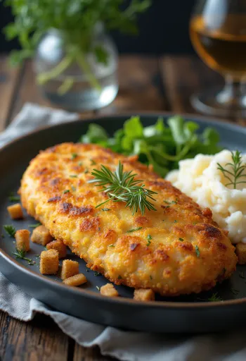 Pozharsky Kotelett, russische Hähnchenfrikadelle mit Butter und Croutons, serviert mit Kartoffelpüree
