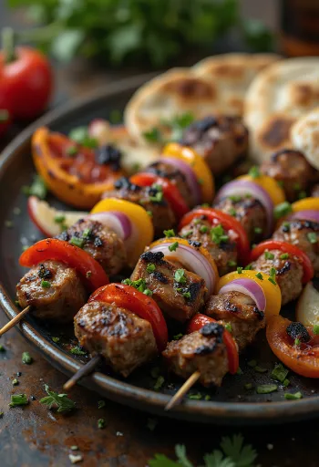 Shish Kebab Spieße mit gegrilltem Fleisch und Gemüse