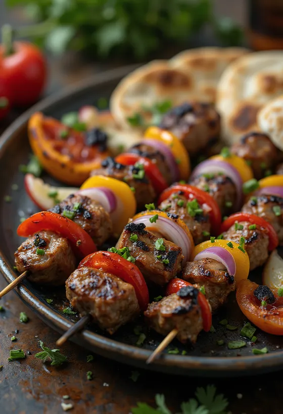 Shish Kebab Spieße mit gegrilltem Fleisch und Gemüse