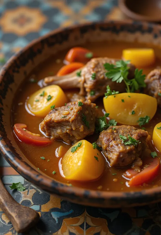 Klare Fleischbrühe mit großen Stücken von Fleisch, Karotten und Tomaten