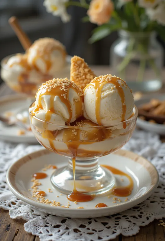 Sesam-Sundae mit Vanilleeis, Salzkaramell-Sirup und frischer Minze garniert