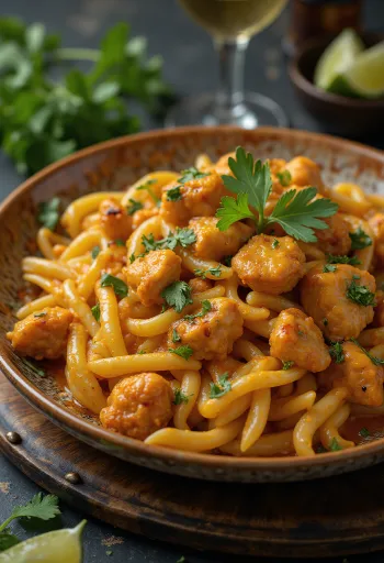 Tandoori-Hähnchen-Pasta serviert mit frischem Koriander und Limettensaft