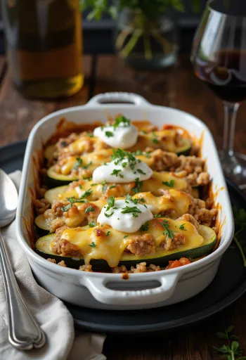 Frisch gebackene gefüllte Zucchini mit Hackfleisch und Käse überbacken.