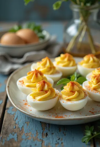 Gefüllte Eier, garniert mit frischen Kräutern und Paprika