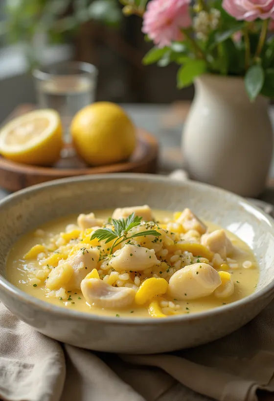 Avgolemono mit Knoblauch serviert mit frischer Petersilie
