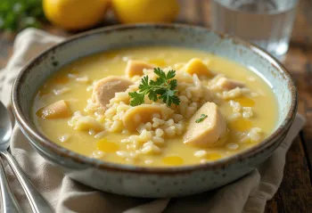Avgolemono mit Knoblauch serviert mit frischer Petersilie
