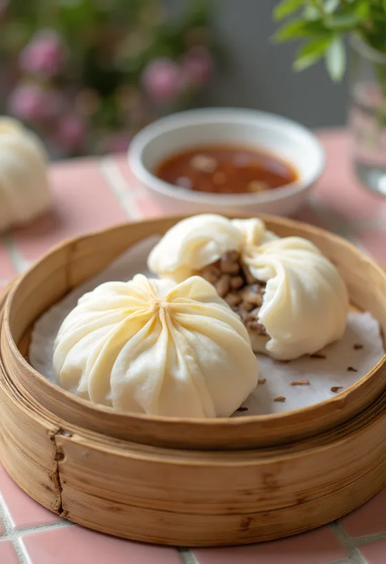 Bánh Bao mit Schweinefleisch, serviert mit frischem Koriander