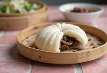 Bánh Bao mit Schweinefleisch, serviert mit frischem Koriander