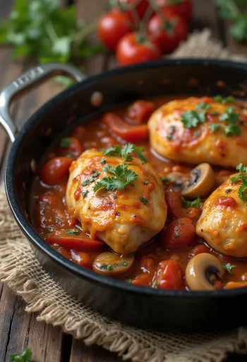 Chicken Cacciatore in der Pfanne mit Gemüse serviert