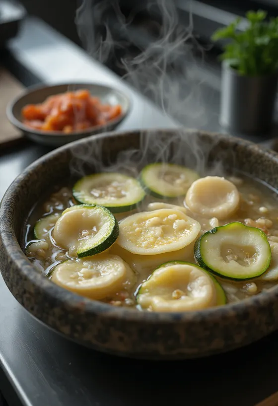 Zucchini-Sujebi Suppe serviert mit frischen Nudeln und Gemüse