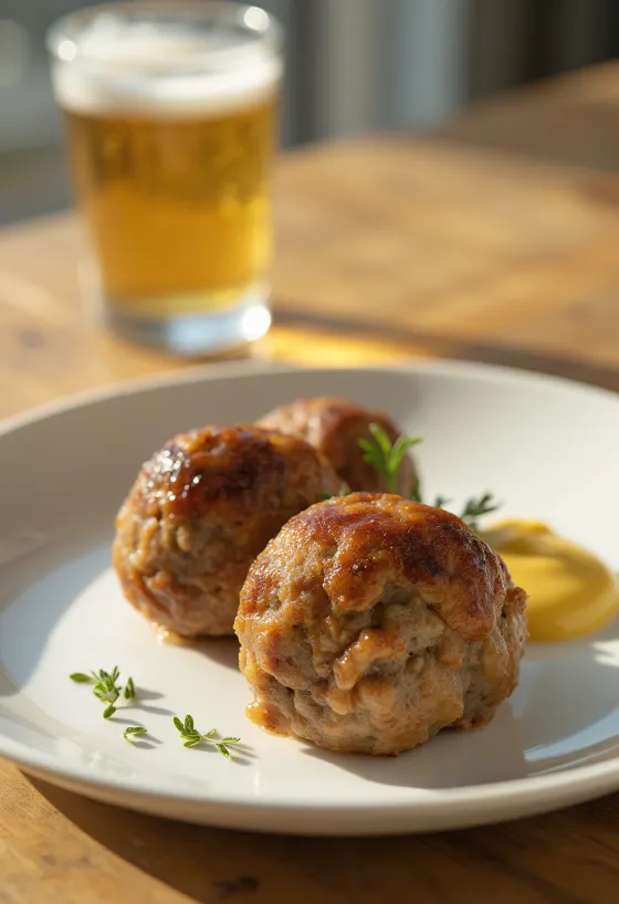 Frikadeller mit Senf serviert, ein knuspriges und köstliches Gericht